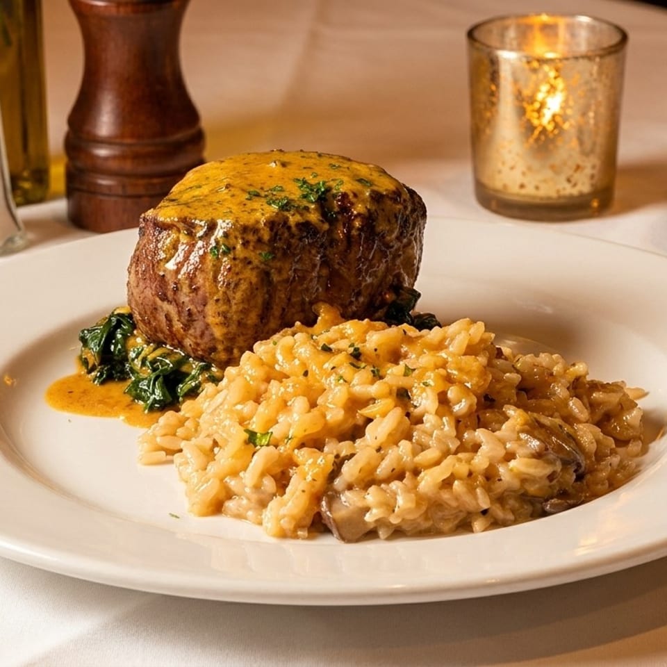 A filet mignon with sauce, spinach, and risotto on a white plate, with a candle and water glass.