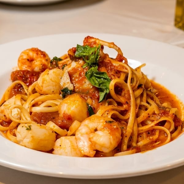 Linguine pasta with shrimp, scallops, and calamari in a red sauce, garnished with basil.