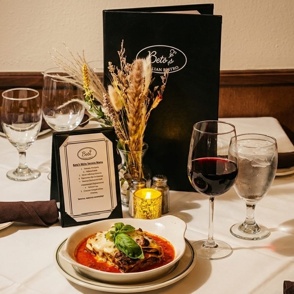 A Beto's Italian Bistro table set with lasagna, red wine, water, and menus.