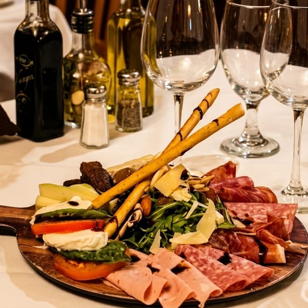 A charcuterie board with meats, cheeses, breadsticks, and caprese salad on a white tablecloth.