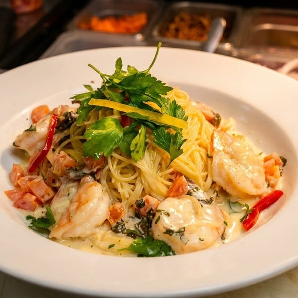 Shrimp scampi pasta with parsley and lemon zest, served in a white bowl on a kitchen counter.