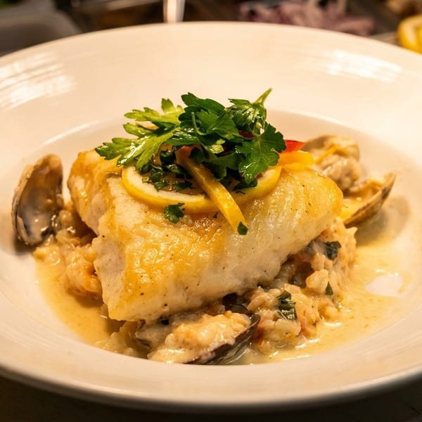 Pan-seared fish with clams, risotto, lemon slices, and parsley in a white bowl.